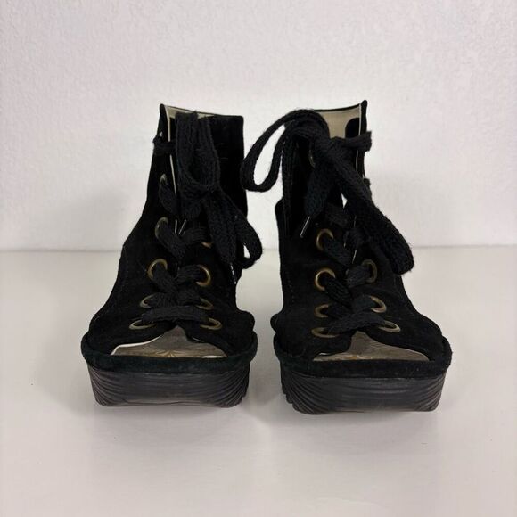 Fly London Black Suede Cutout Side & Open Toe Wedge Sandals Size 10-10.5 - Picture 4 of 12